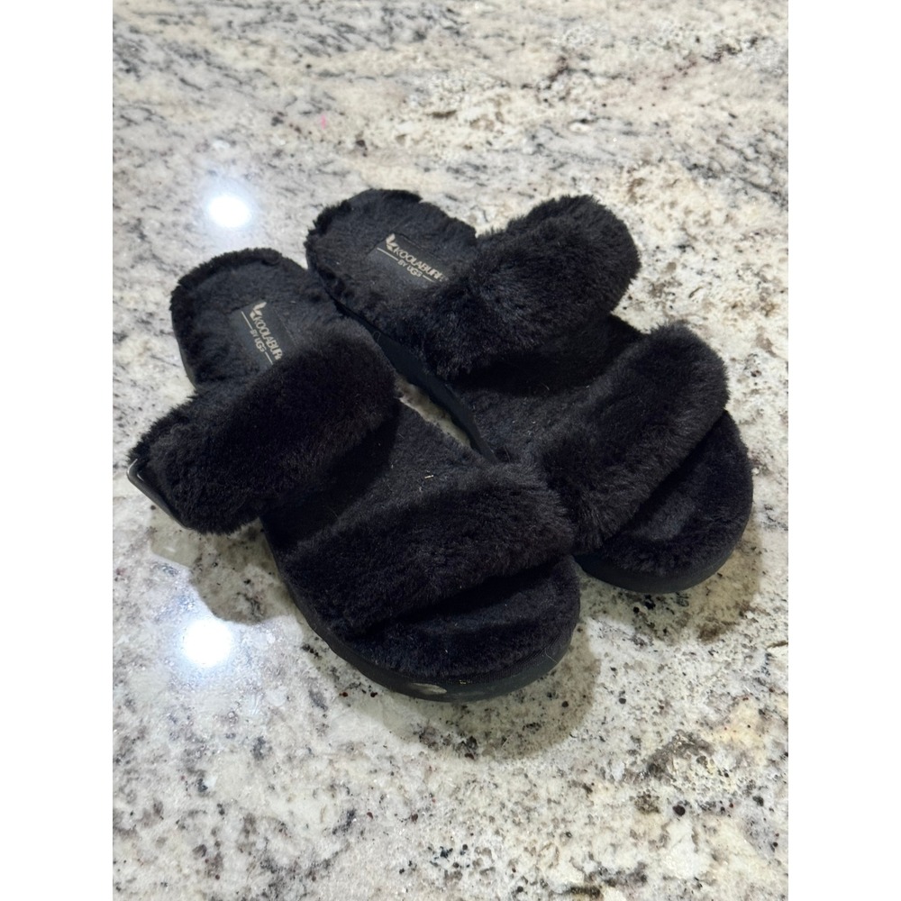 Koolaburra by UGG Fuzz-A-Line Black Faux Fur Slide Slippers Sandals womens 7‎